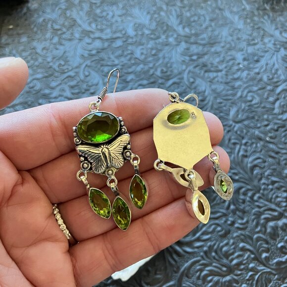Dangly Faceted Green Peridot Butterfly Earrings Crystal Stone Jewelry - Picture 5 of 8